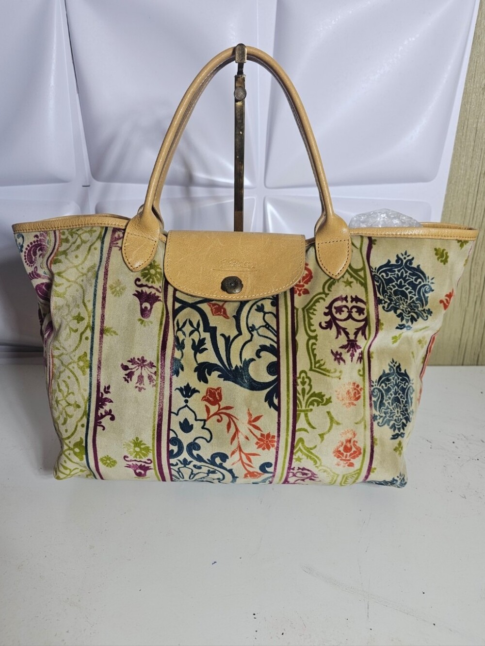 Longchamp Multicolor Floral Velvet Tote with Tan Leather Trim